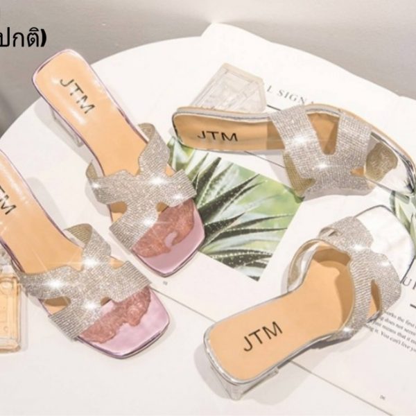 รองเท้าส้นแก้วแบบสวมวัสดุหนังแก้วแวววาว
